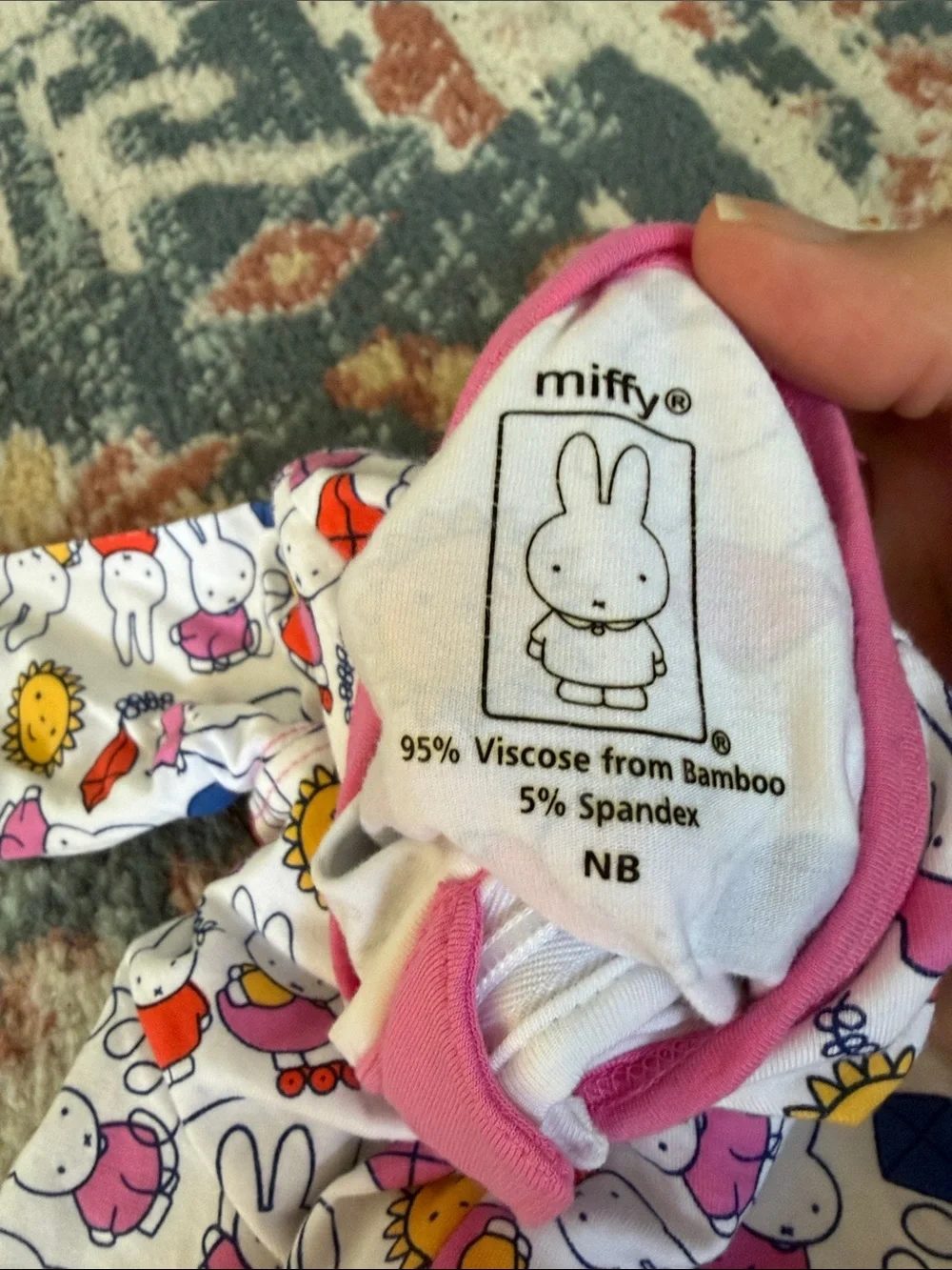 NWT new born Miffy Footed One-Piece ouncie with Pink Trim & vibrant bunny print